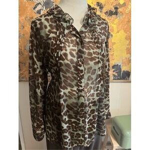 Perch Sheer Animal Print Green Tie Back Blouse W/ Ruffles 2x